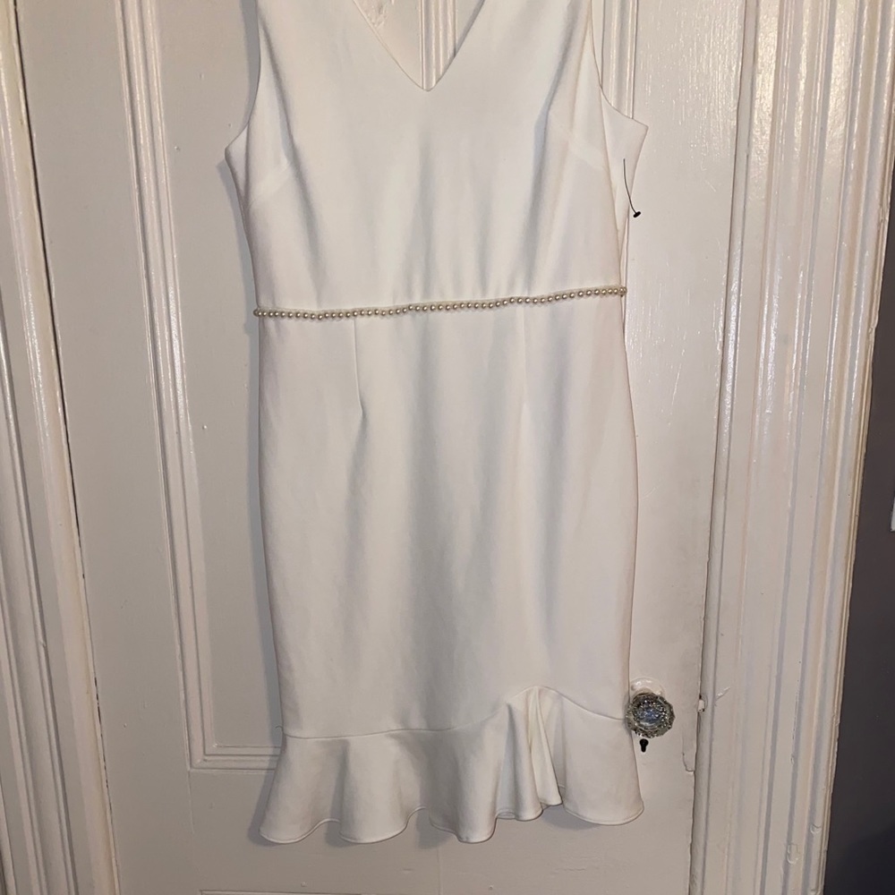 White V-Neck Pearl Waist Ruffle Dress